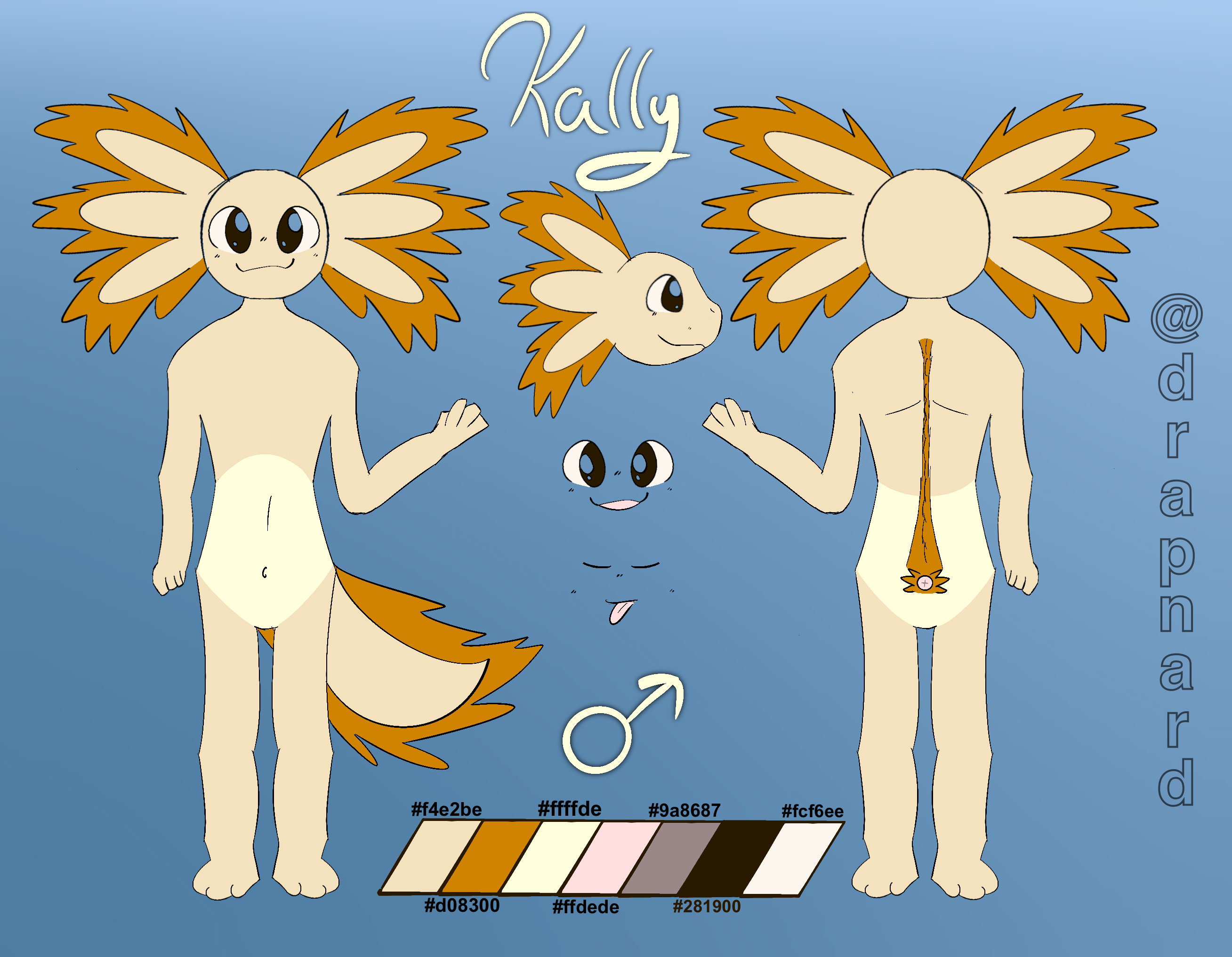 Kally character reference sheet showing front, side, back, and color details